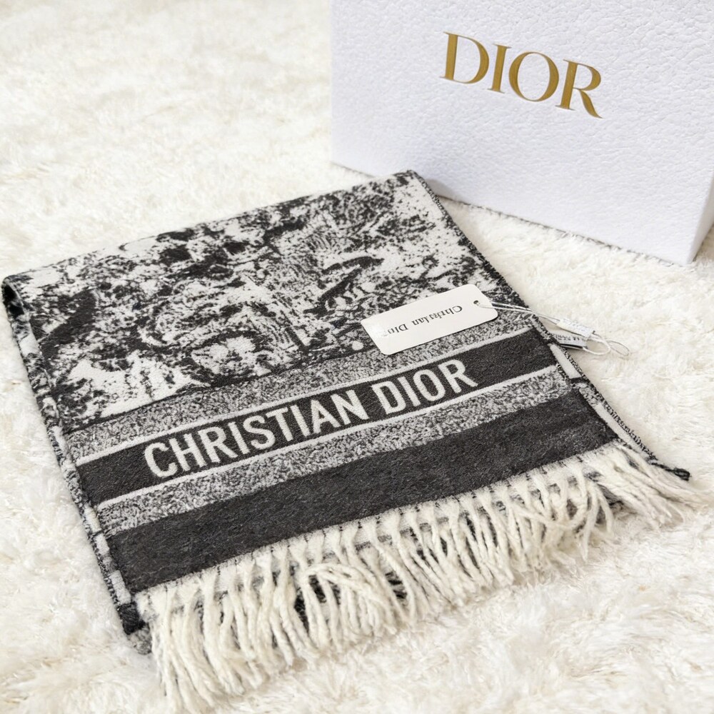 Dior Black Ivory Woodland Print Fringe Scarf